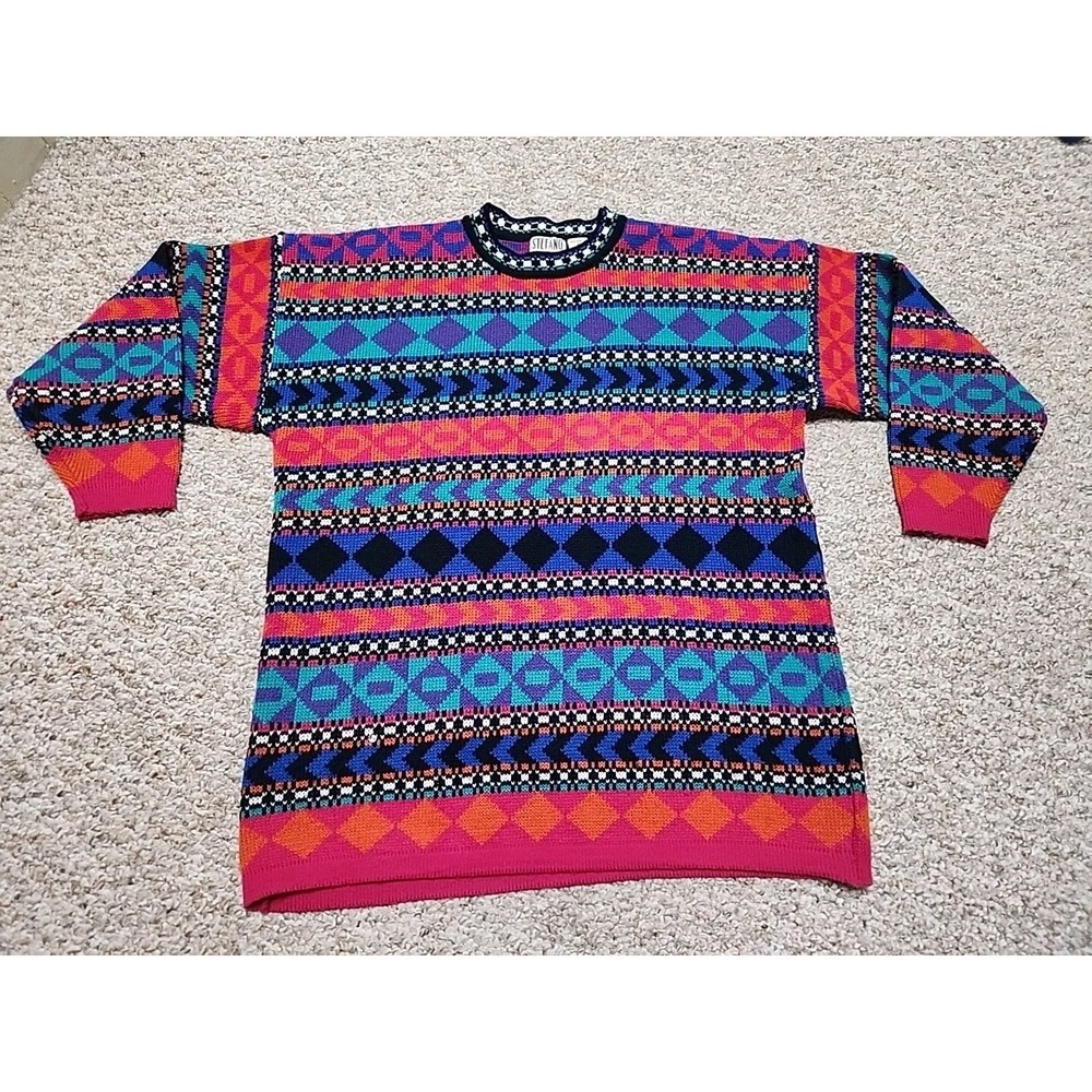 Stefano Vintage 80s‎ 90s Funky Geometric Abstract Colorful Sweater Mens Medium